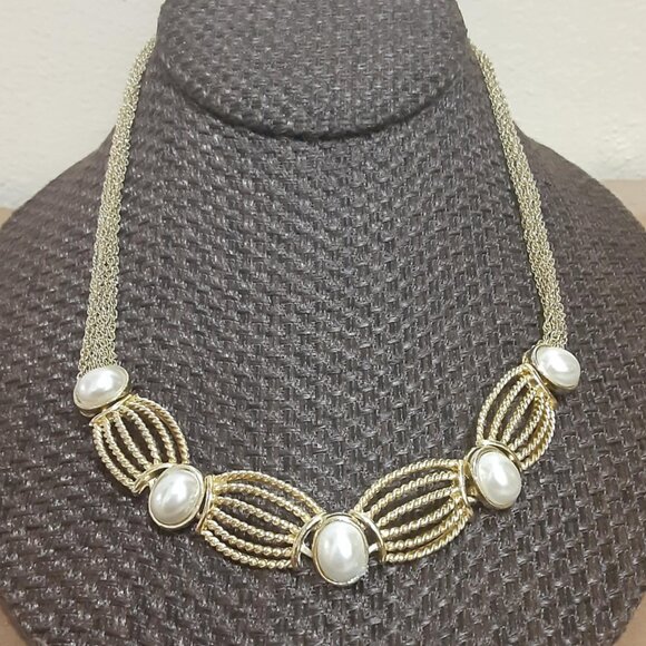 Claires Faux Pearl Gold Tone Multi Strand Necklace - Picture 1 of 9